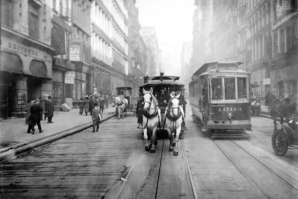 A black-and-white photo of a team of white horses pulling a trolley car along a track on a New York City Street, facing the camera.